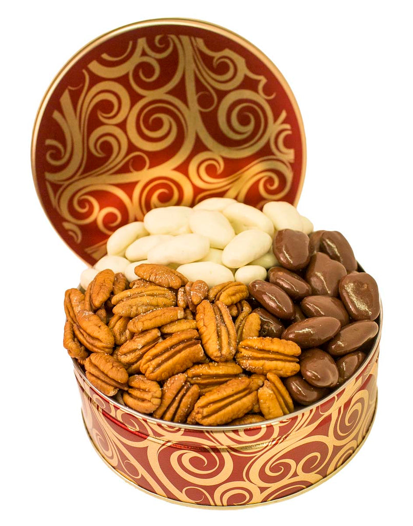 *MUST CALL TO ORDER* CORPORATE GIFT TIN TRIO ROASTED & SALTED, MILK CHOCOLATE and WHITE CHOCOLATE PECANS